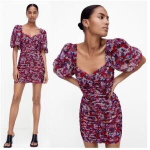 NWT‎ Zara Floral Puff Sleeve Ruched Mini Dress Size XS